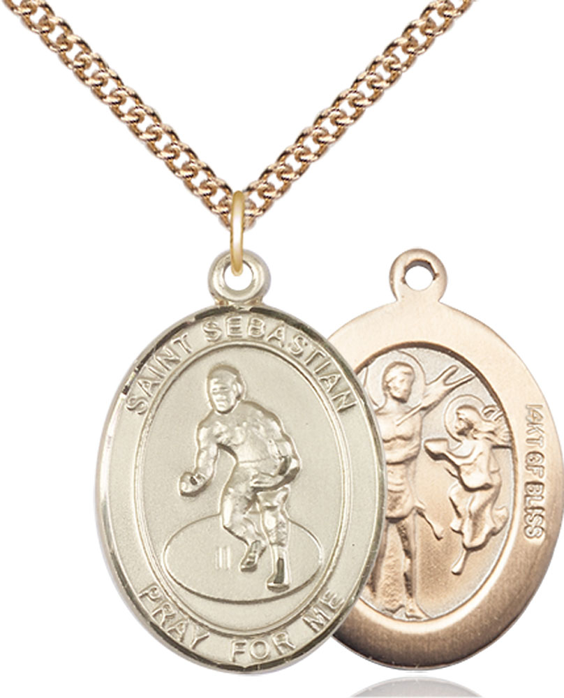 14kt Gold Filled Saint Sebastian Wrestling Pendant on a 24 inch Gold Filled Heavy Curb chain