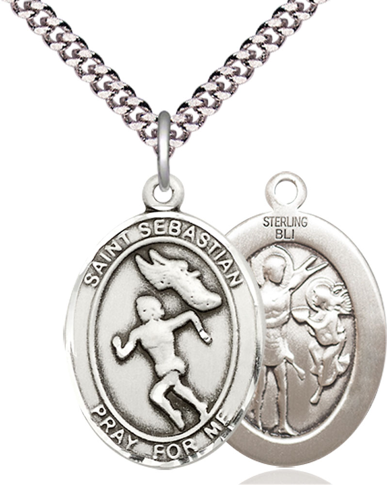 Sterling Silver Saint Sebastian Track and Field Pendant on a 24 inch Light Rhodium Heavy Curb chain
