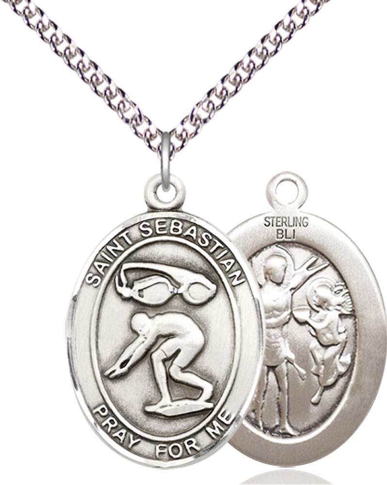 Sterling Silver Saint Sebastian Swimming Pendant on a 24 inch Sterling Silver Heavy Curb chain