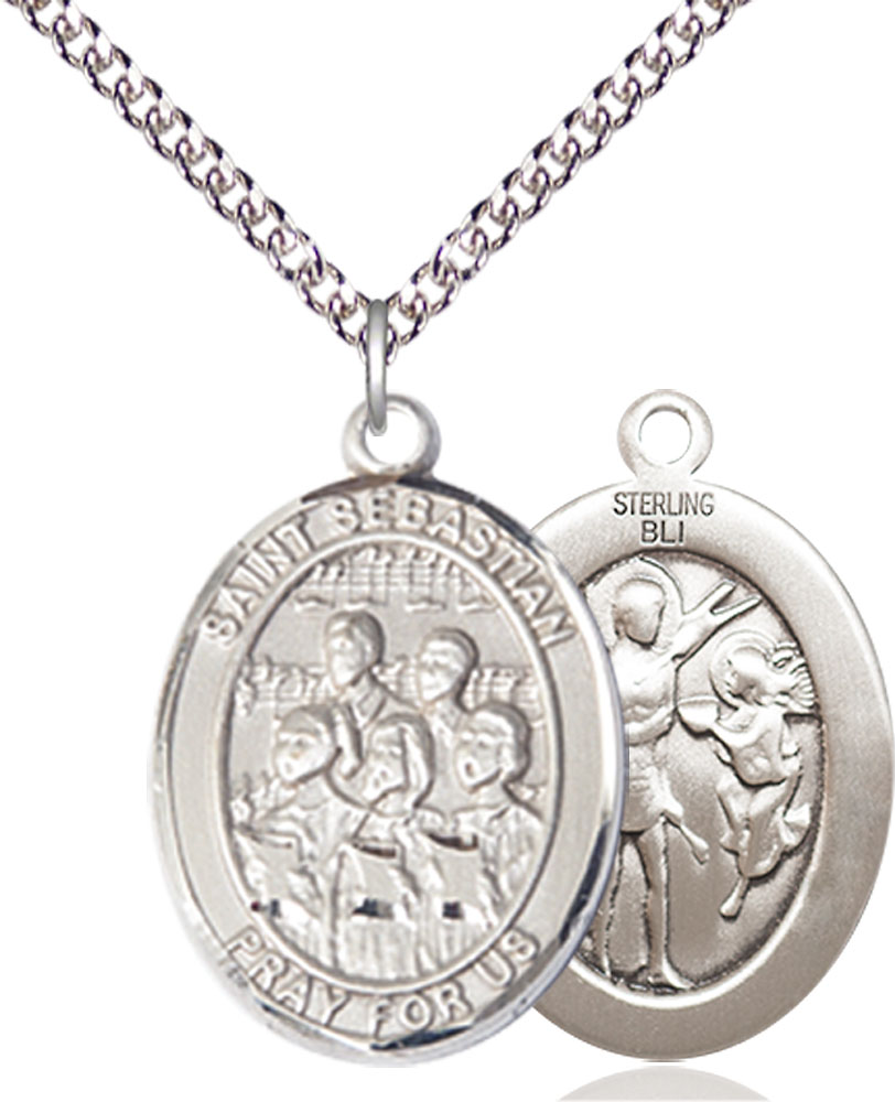 Sterling Silver Saint Sebastian Choir Pendant on a 24 inch Sterling Silver Heavy Curb chain