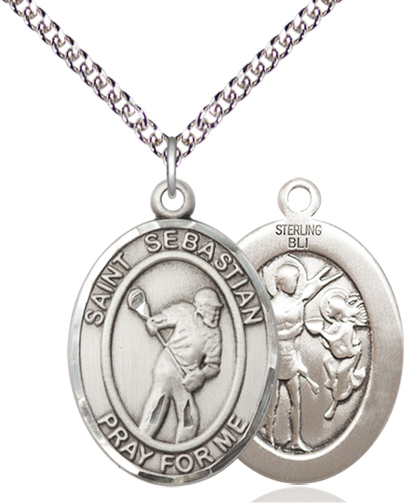 Sterling Silver Saint Sebastian Lacrosse Pendant on a 24 inch Sterling Silver Heavy Curb chain