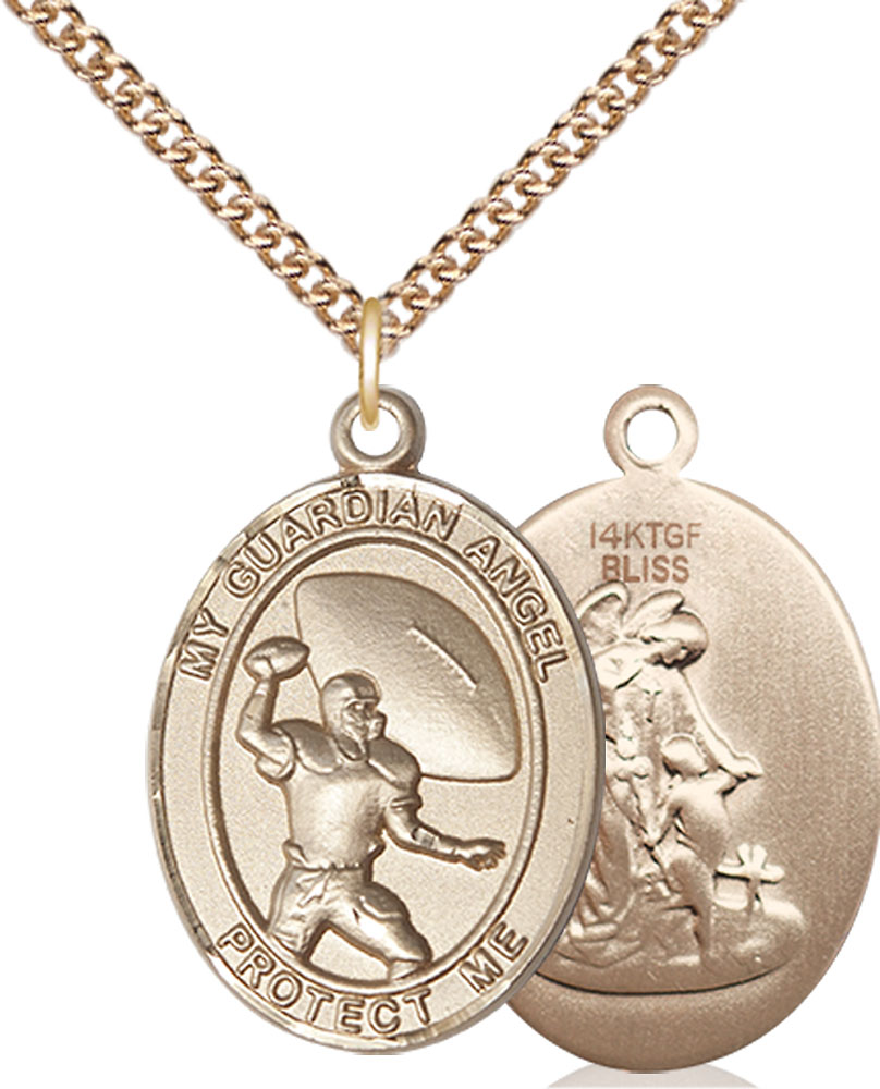 14kt Gold Filled Guardian Angel Football Pendant on a 24 inch Gold Filled Heavy Curb chain