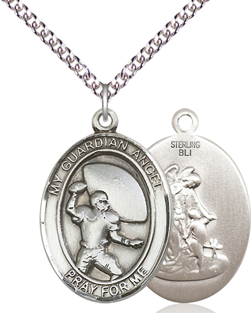 Sterling Silver Guardian Angel Football Pendant on a 24 inch Sterling Silver Heavy Curb chain