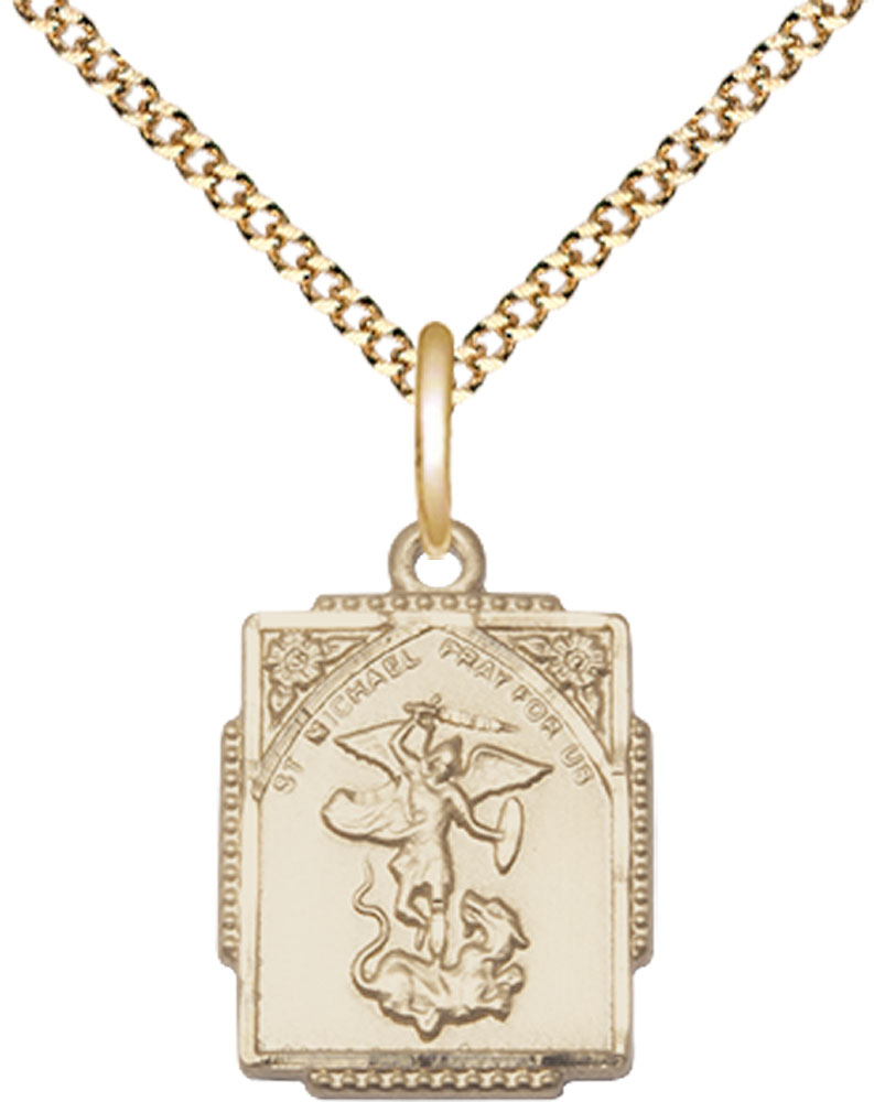14kt Gold Filled Saint Michael the Archangel Pendant on a 18 inch Gold Plate Light Curb chain