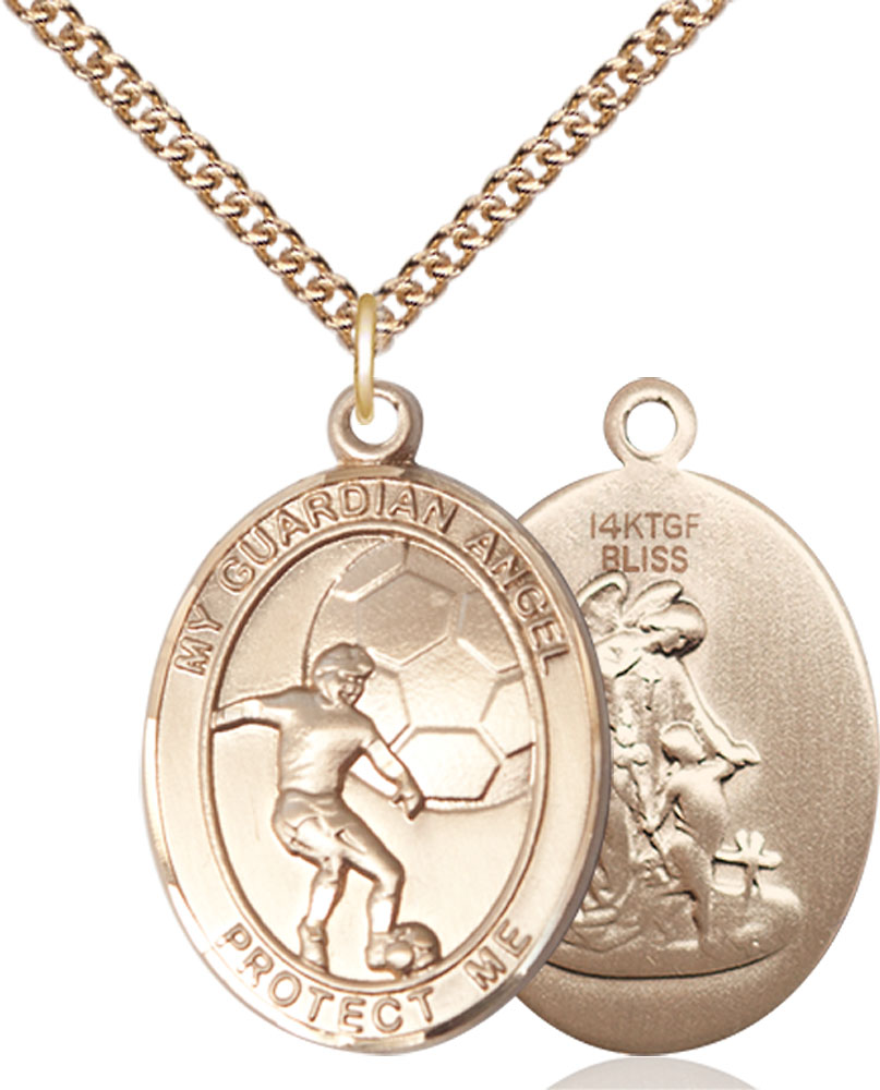 14kt Gold Filled Guardian Angel Soccer Pendant on a 24 inch Gold Filled Heavy Curb chain