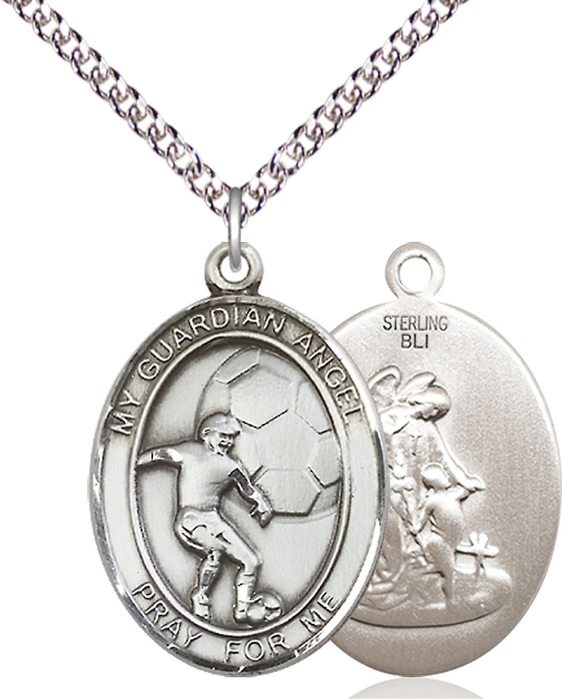 Sterling Silver Guardian Angel Soccer Pendant on a 24 inch Sterling Silver Heavy Curb chain