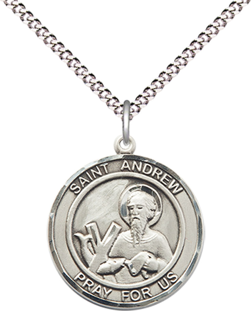 Sterling Silver Saint Andrew the Apostle Pendant on a 18 inch Light Rhodium Light Curb chain