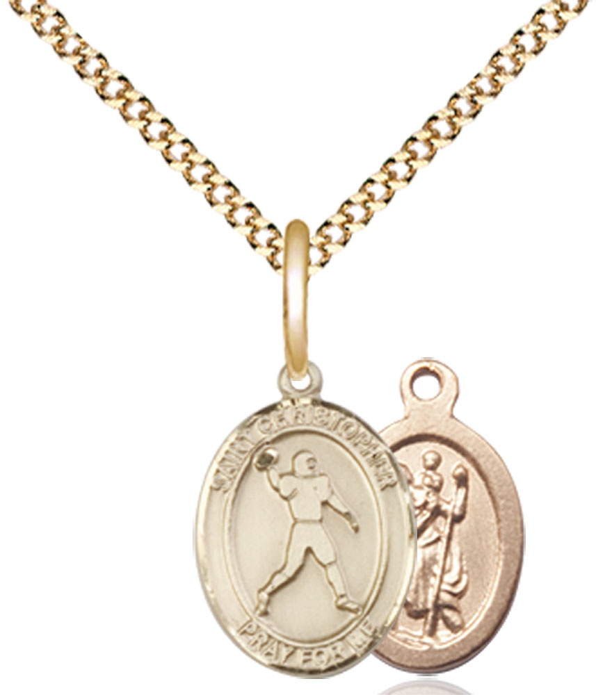 14kt Gold Filled Saint Christopher Football Pendant on a 18 inch Gold Plate Light Curb chain
