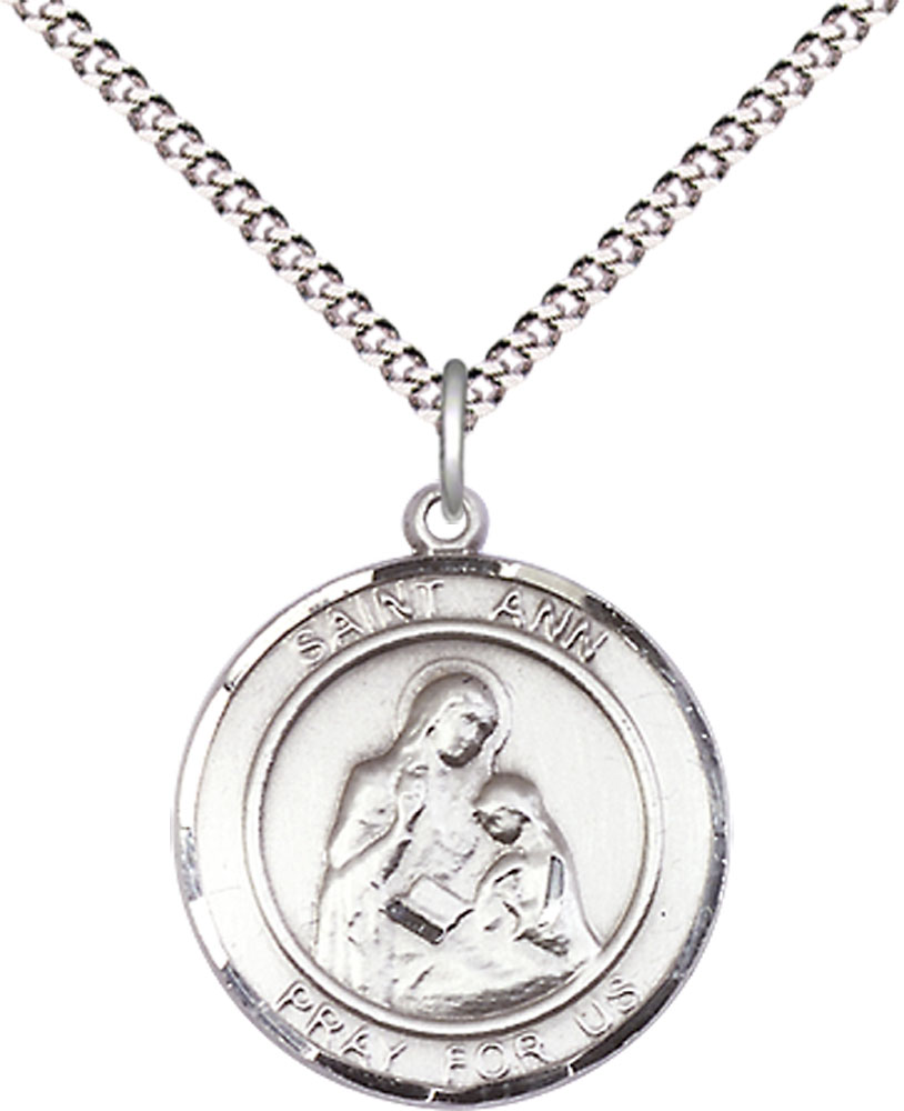 Sterling Silver Saint Ann Pendant on a 18 inch Light Rhodium Light Curb chain
