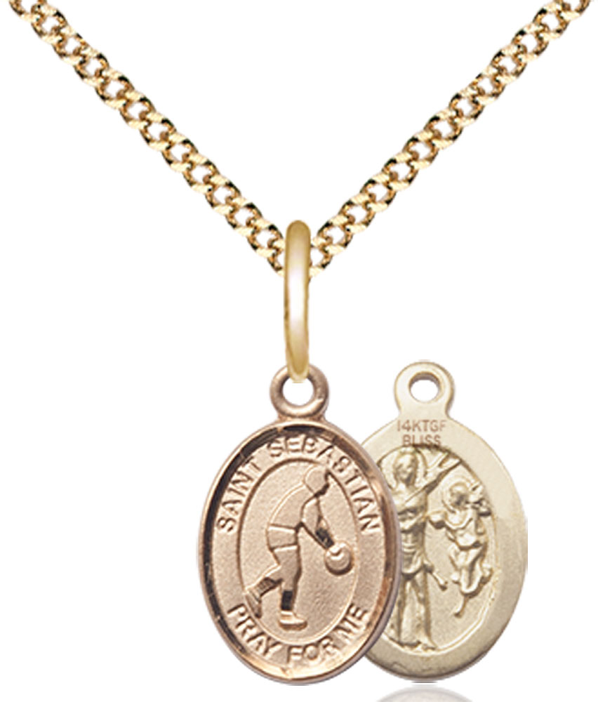 14kt Gold Filled Saint Sebastian Basketball Pendant on a 18 inch Gold Plate Light Curb chain