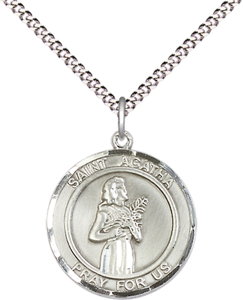 Sterling Silver Saint Agatha Pendant on a 18 inch Light Rhodium Light Curb chain