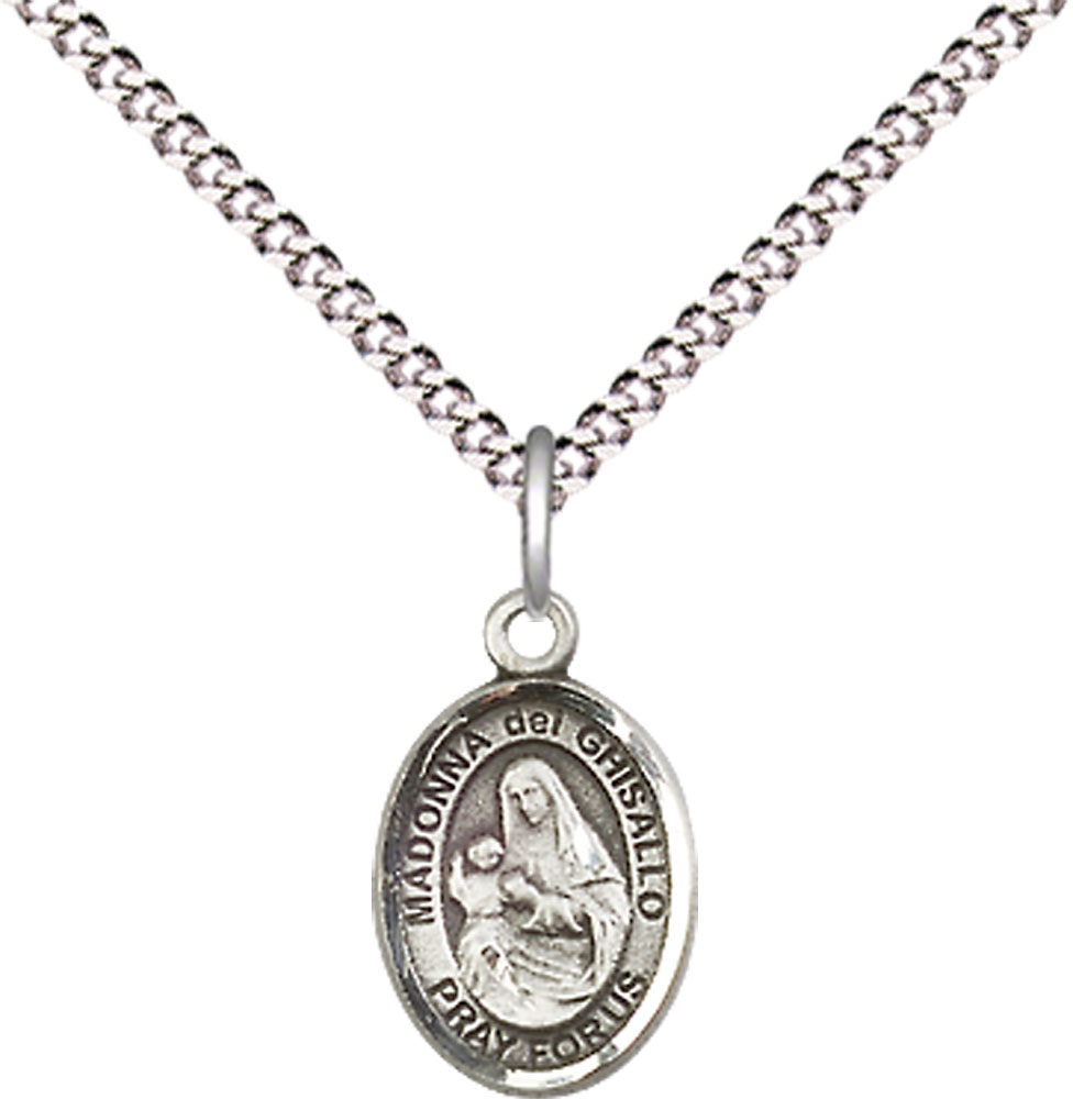 Sterling Silver Saint Madonna Del Ghisallo Pendant on a 18 inch Light Rhodium Light Curb chain