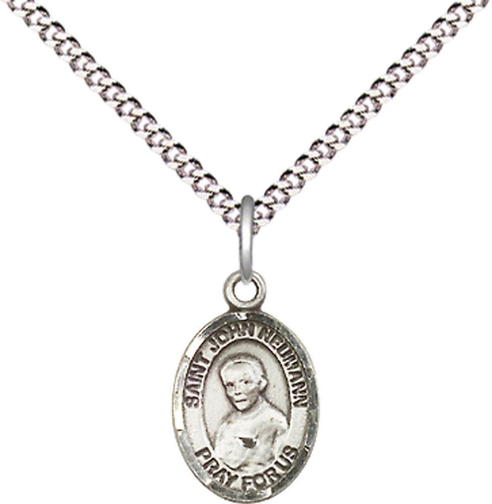 Sterling Silver Saint John Neumann Pendant on a 18 inch Light Rhodium Light Curb chain