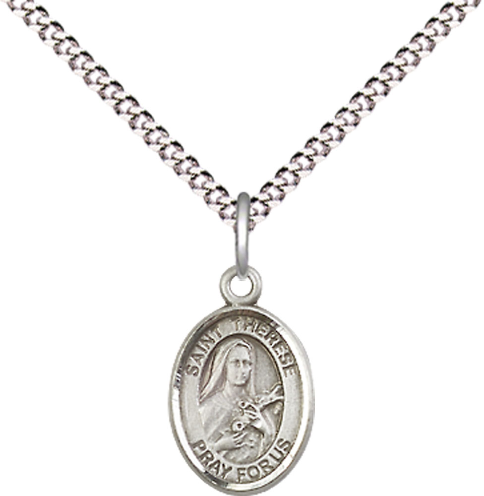 Sterling Silver Saint Therese of Lisieux Pendant on a 18 inch Light Rhodium Light Curb chain
