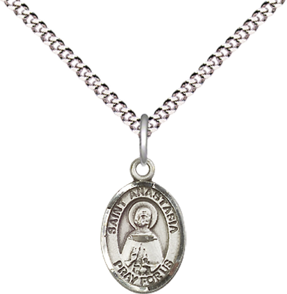 Sterling Silver Saint Anastasia Pendant on a 18 inch Light Rhodium Light Curb chain