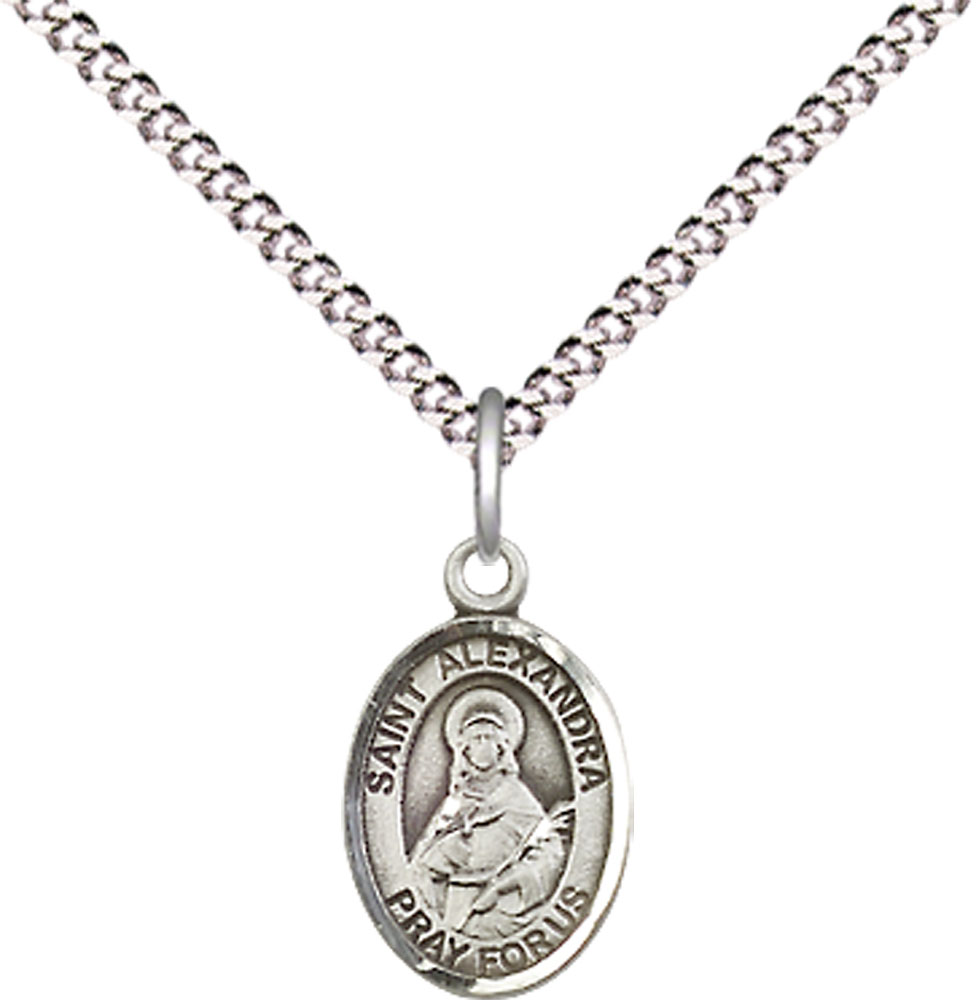 Sterling Silver Saint Alexandra Pendant on a 18 inch Light Rhodium Light Curb chain