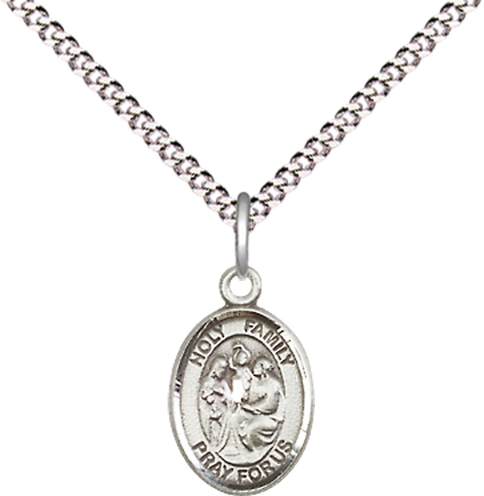 Sterling Silver Holy Family Pendant on a 18 inch Light Rhodium Light Curb chain