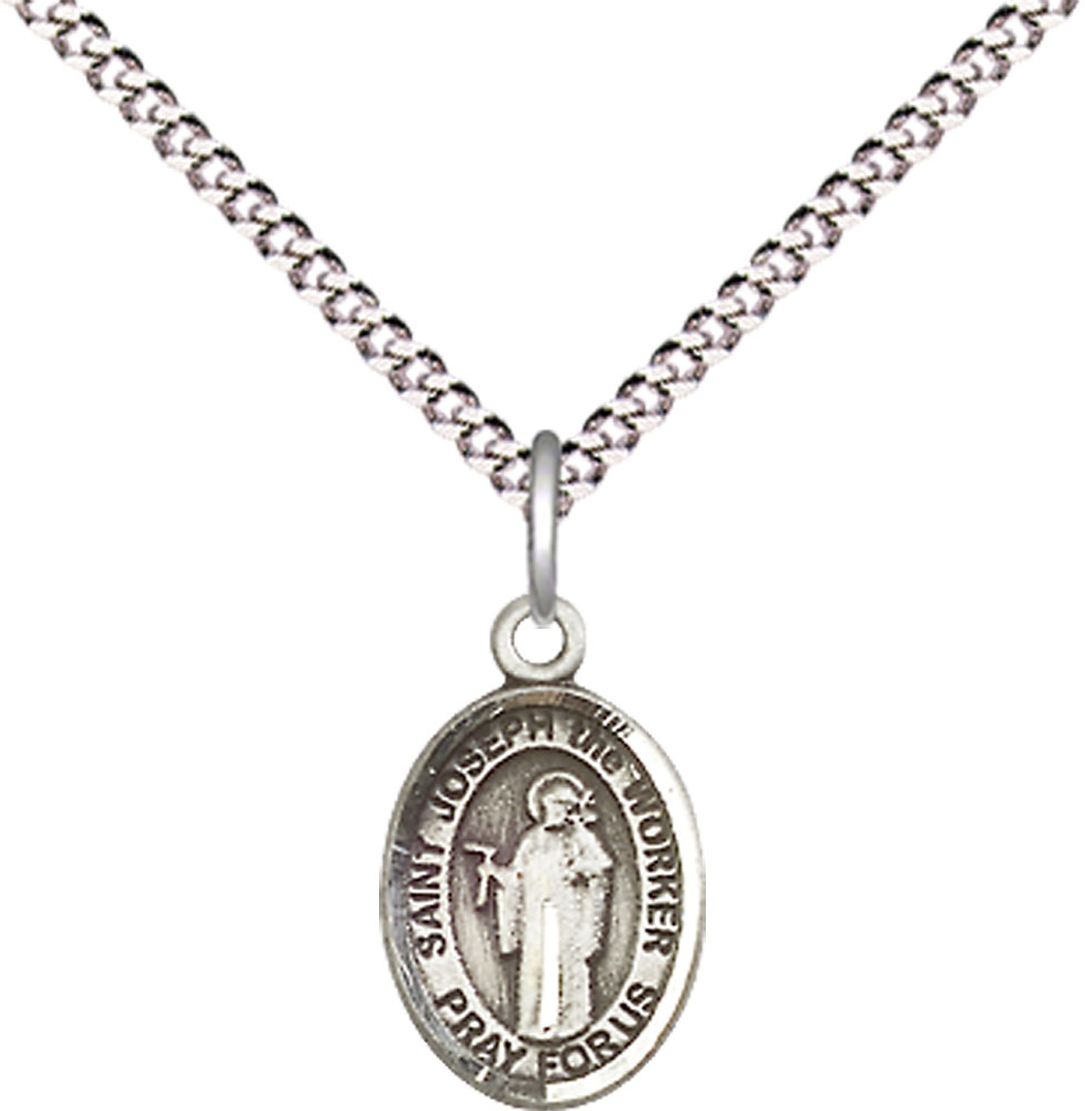 Sterling Silver Saint Joseph the Worker Pendant on a 18 inch Light Rhodium Light Curb chain