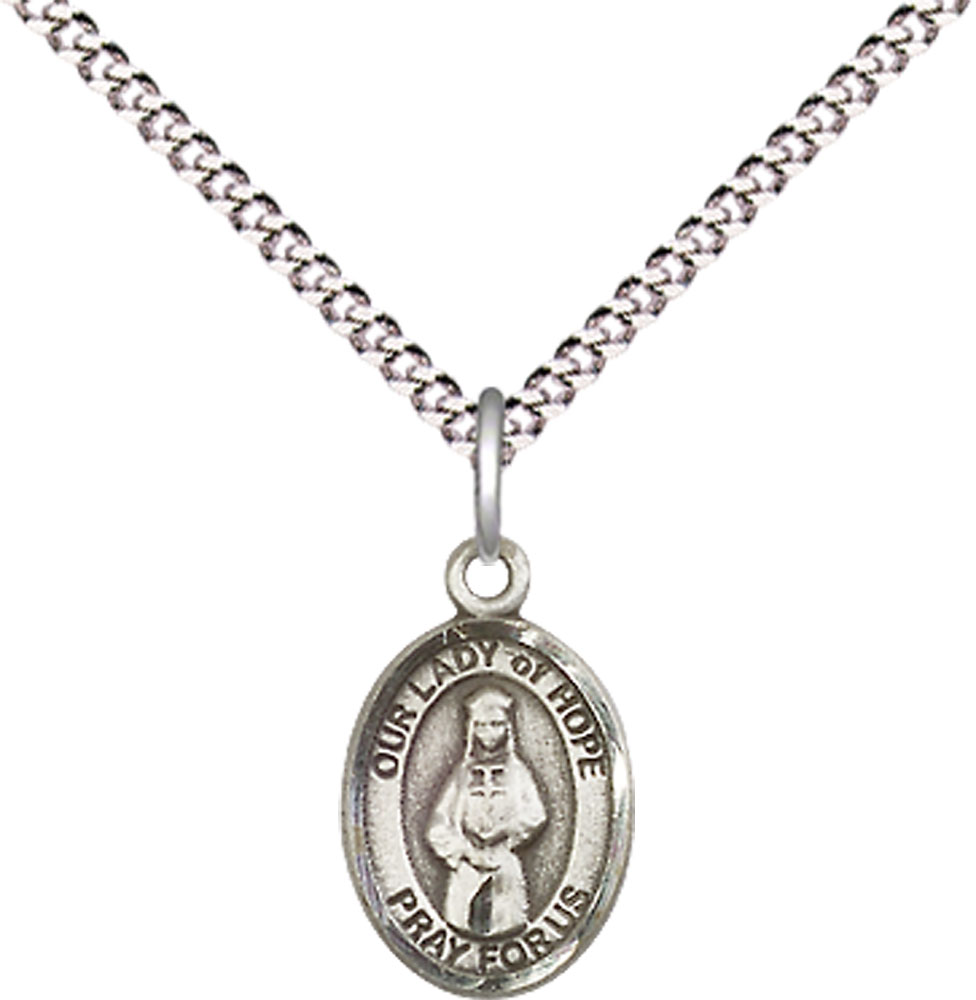 Sterling Silver Our Lady of Hope Pendant on a 18 inch Light Rhodium Light Curb chain