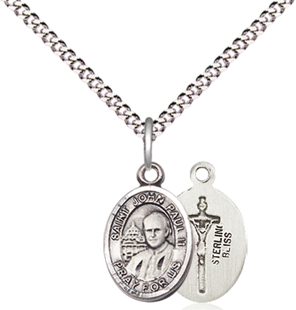 Sterling Silver Saint John Paul II Pendant on a 18 inch Light Rhodium Light Curb chain