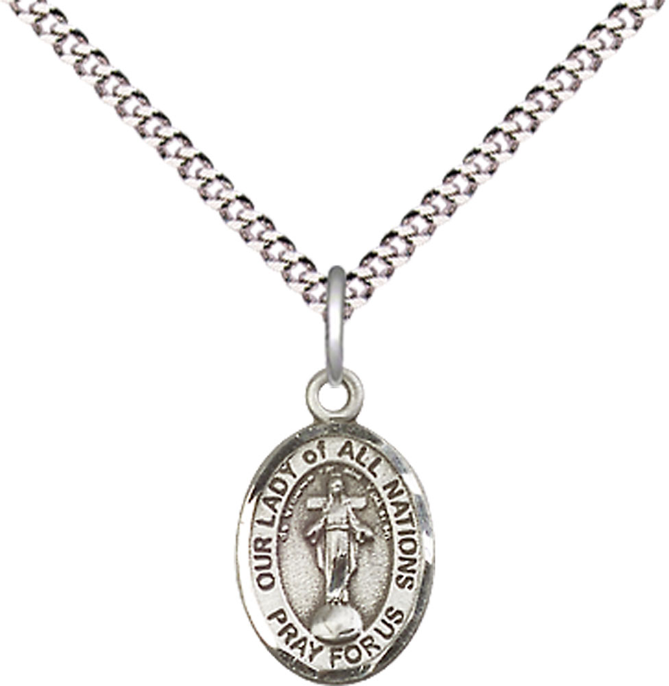 Sterling Silver Our Lady of All Nations Pendant on a 18 inch Light Rhodium Light Curb chain