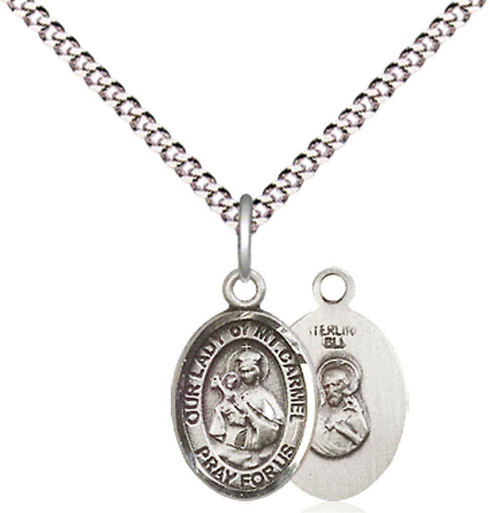 Sterling Silver Our Lady of Mount Carmel Pendant on a 18 inch Light Rhodium Light Curb chain