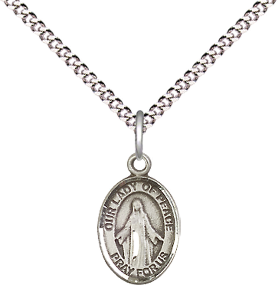 Sterling Silver Our Lady of Peace Pendant on a 18 inch Light Rhodium Light Curb chain