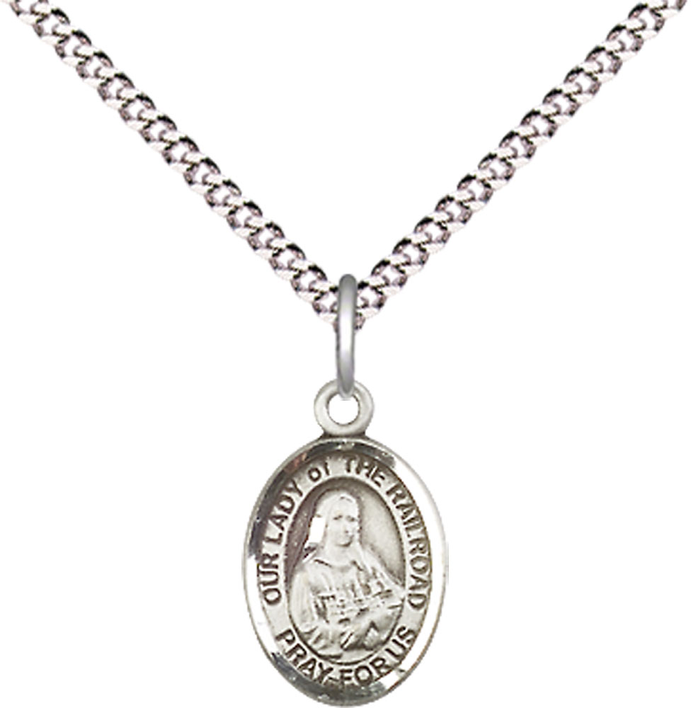Sterling Silver Our Lady of the Railroad Pendant on a 18 inch Light Rhodium Light Curb chain