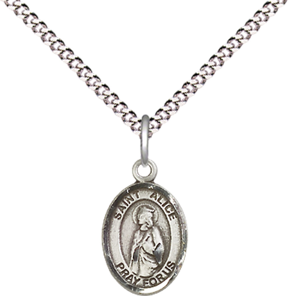 Sterling Silver Saint Alice Pendant on a 18 inch Light Rhodium Light Curb chain