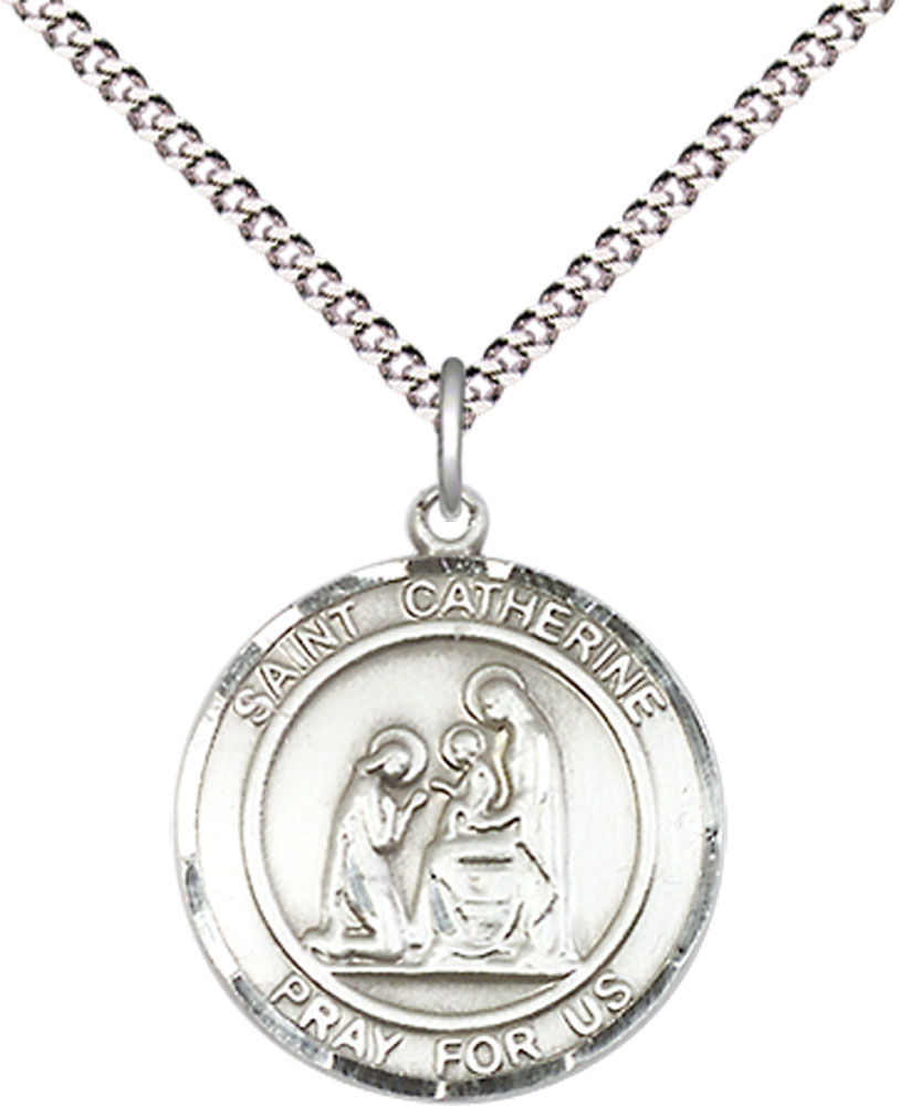 Sterling Silver Saint Catherine of Siena Pendant on a 18 inch Light Rhodium Light Curb chain