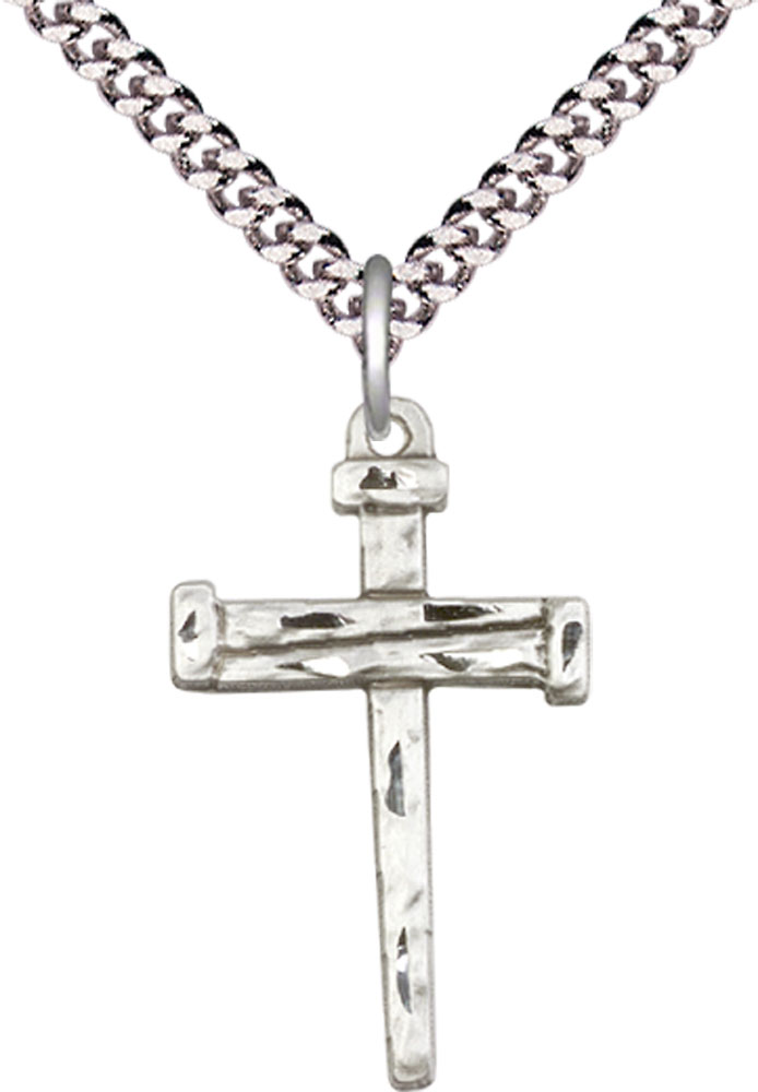 Sterling Silver Nail Cross Pendant on a 24 inch Light Rhodium Heavy Curb chain