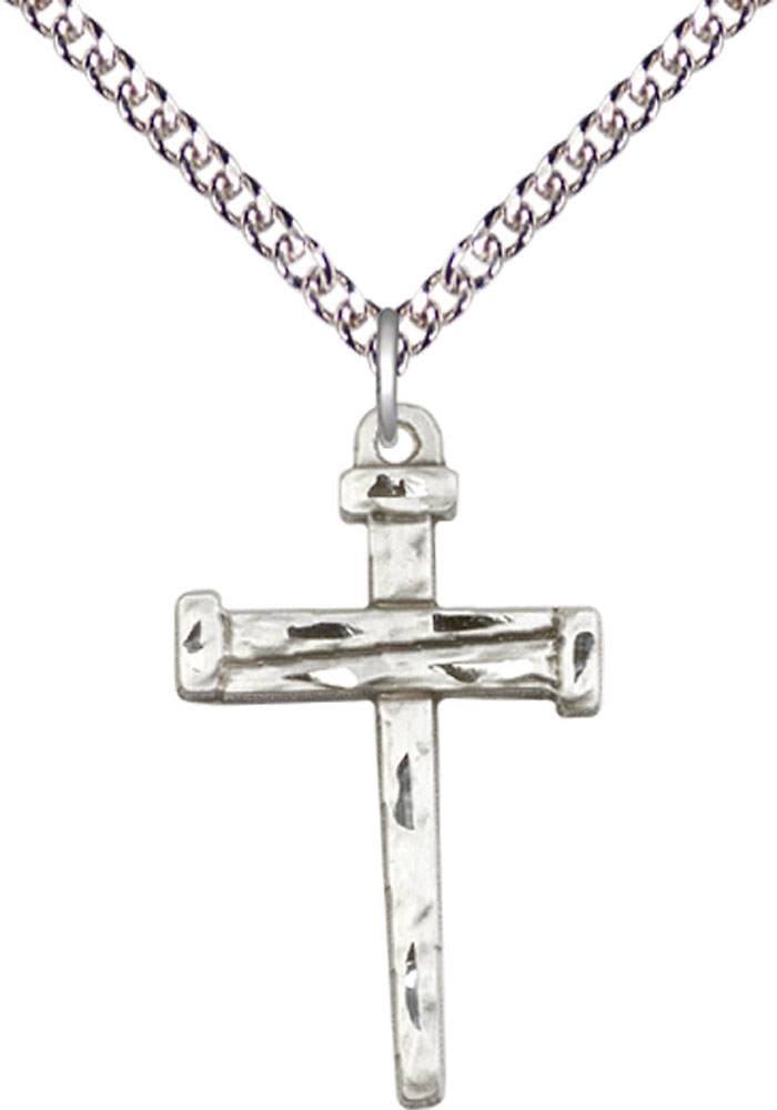 Sterling Silver Nail Cross Pendant on a 24 inch Sterling Silver Heavy Curb chain