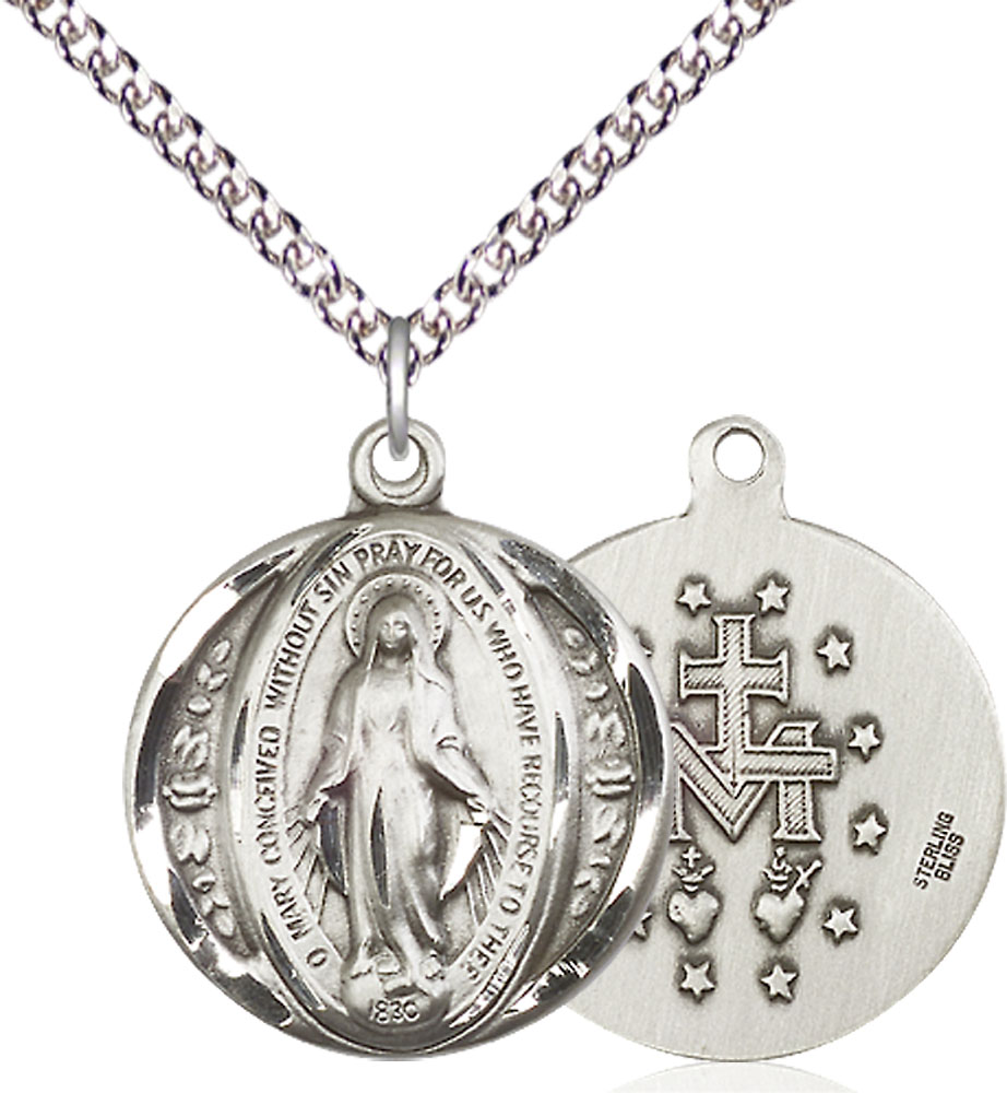 Sterling Silver Miraculous Pendant on a 24 inch Sterling Silver Heavy Curb chain