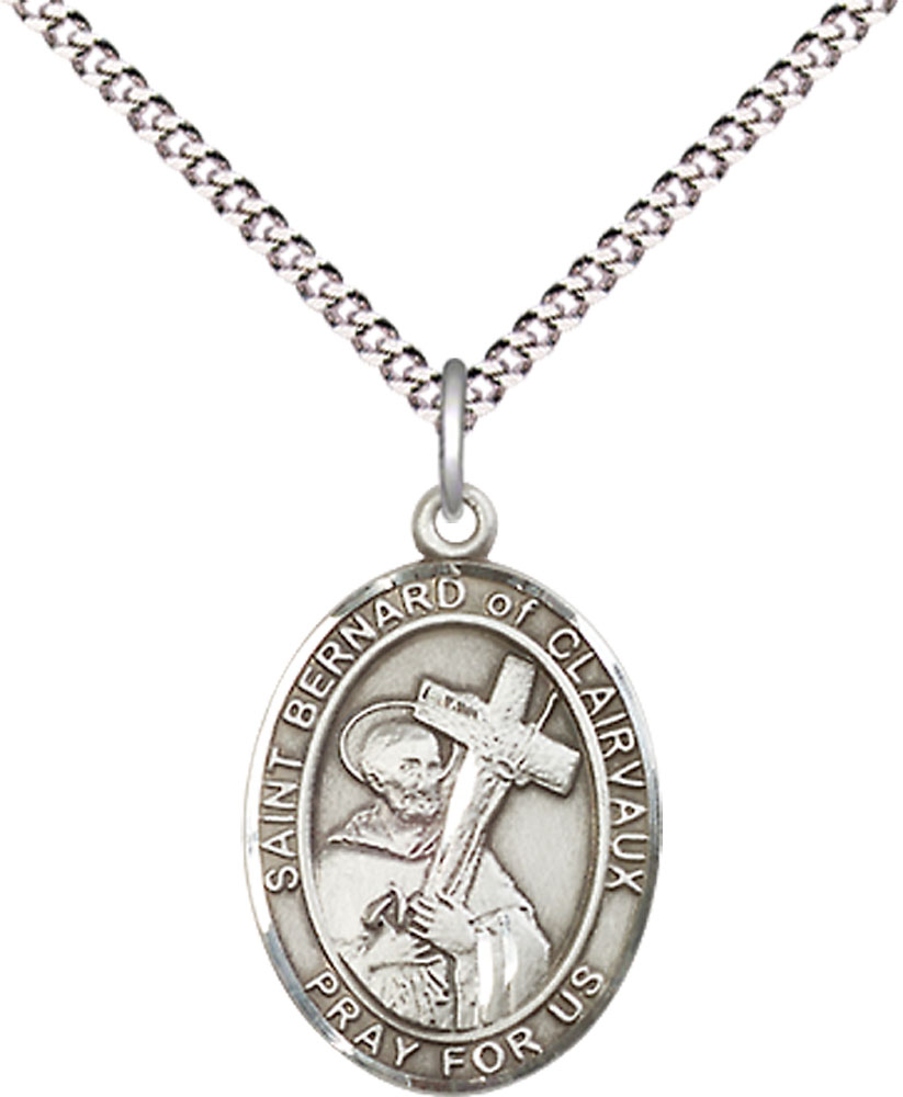 Sterling Silver Saint Bernard of Clairvaux Pendant on a 18 inch Light Rhodium Light Curb chain