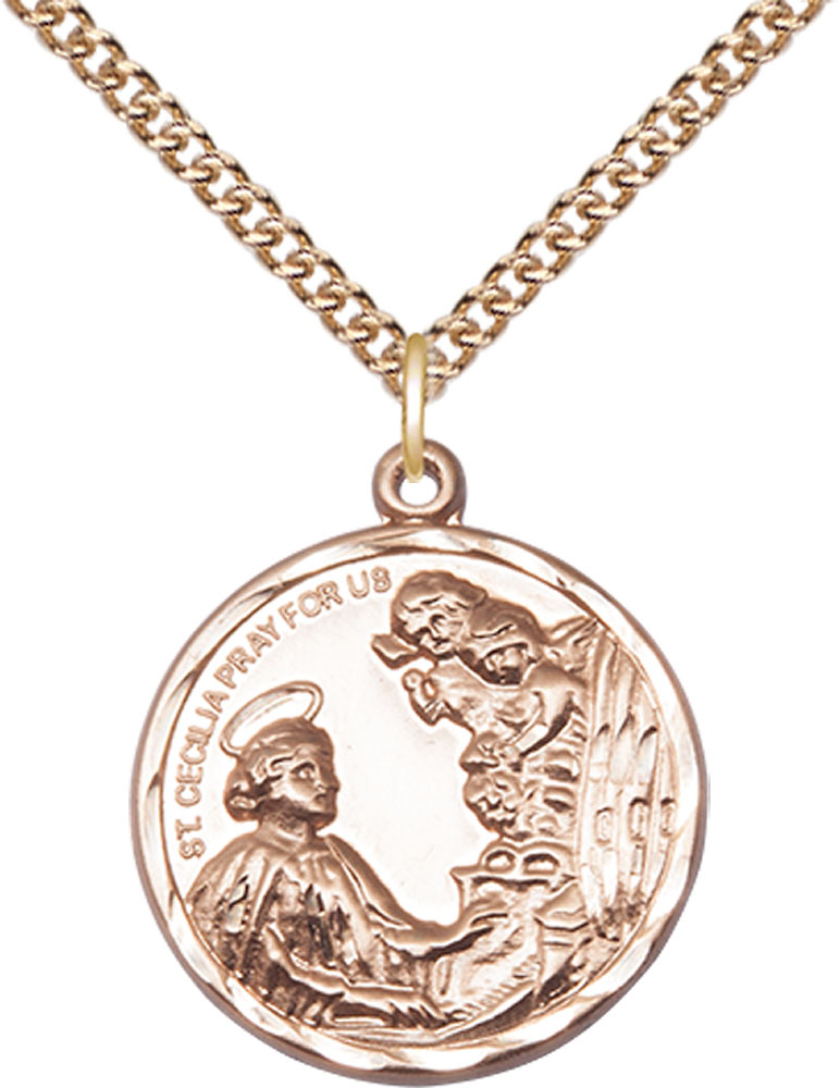 14kt Gold Filled Saint Cecilia Pendant on a 24 inch Gold Filled Heavy Curb chain