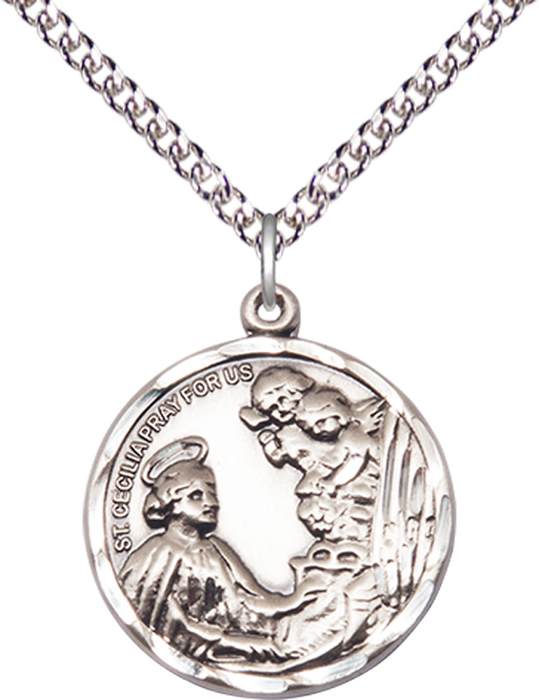 Sterling Silver Saint Cecilia Pendant on a 24 inch Sterling Silver Heavy Curb chain