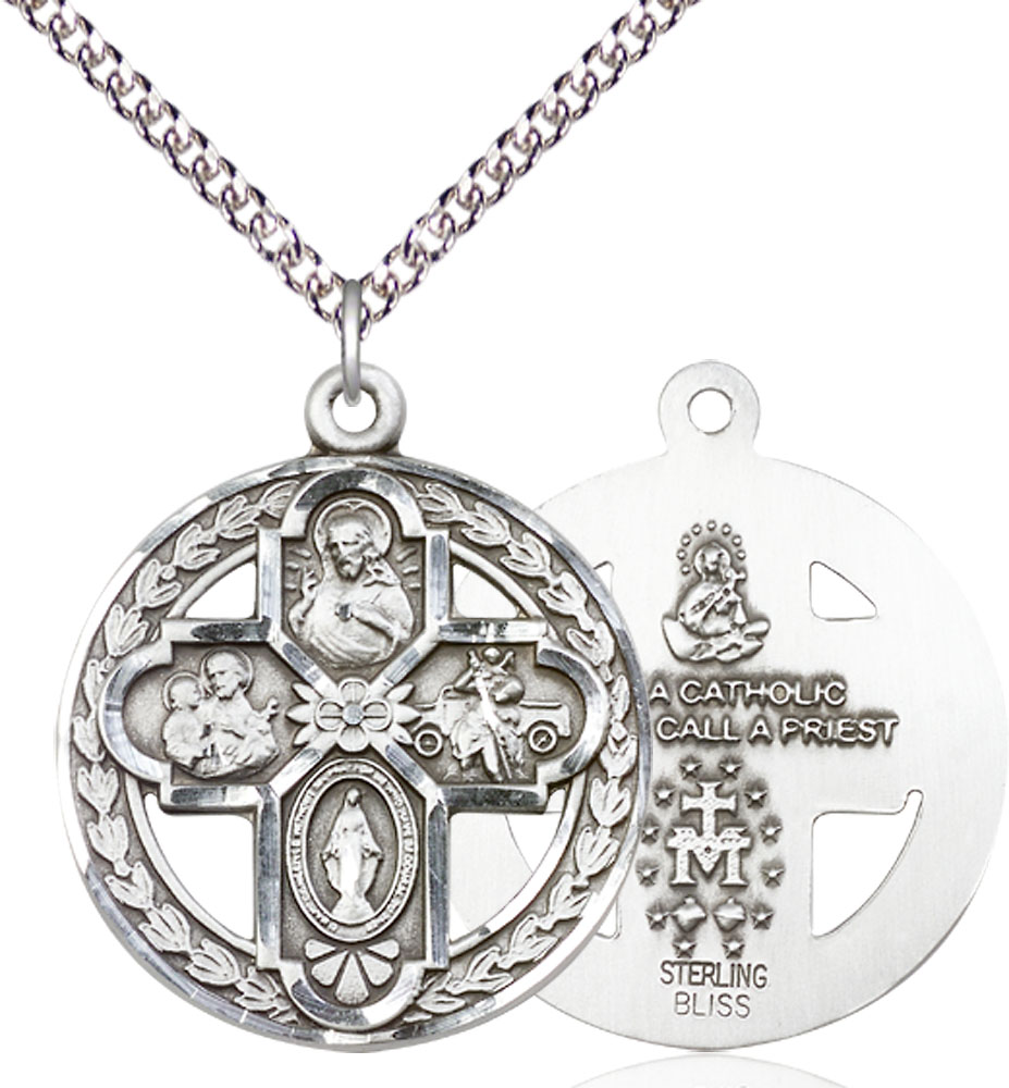 Sterling Silver 4-Way Pendant on a 24 inch Sterling Silver Heavy Curb chain
