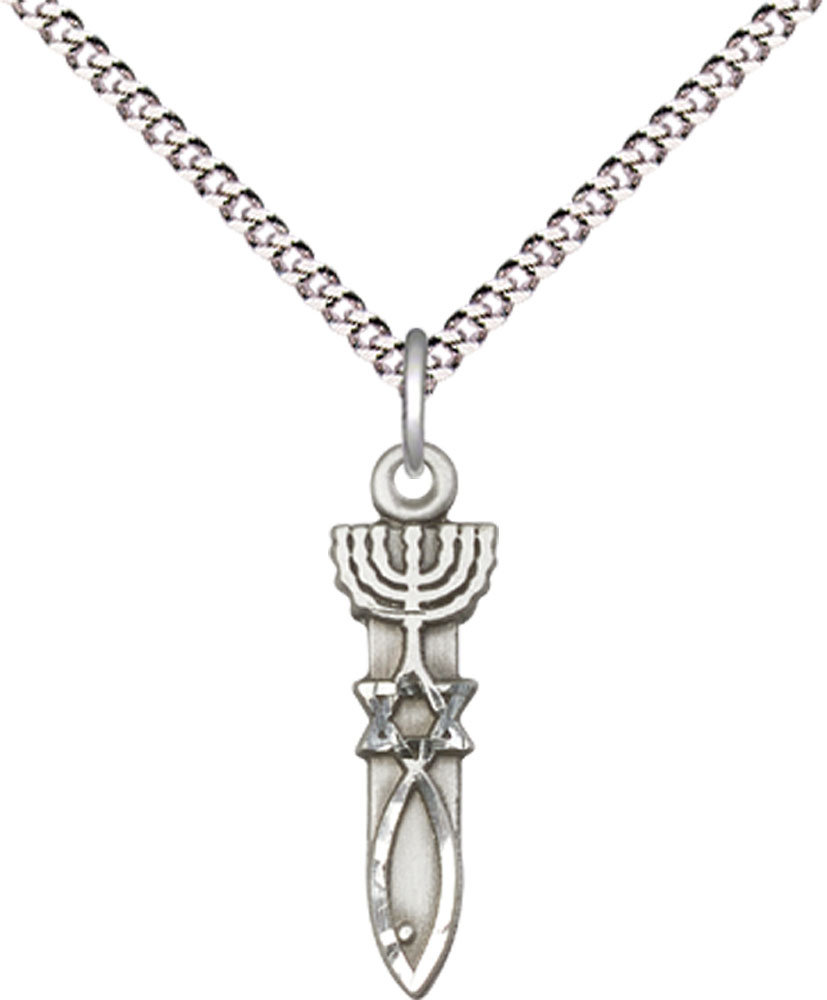 Sterling Silver Menorah Star Fish Pendant on a 18 inch Light Rhodium Light Curb chain