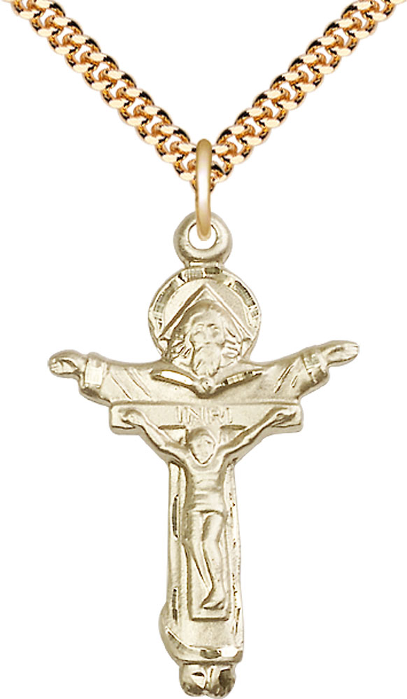 14kt Gold Filled Trinity Crucifix Pendant on a 24 inch Gold Plate Heavy Curb chain