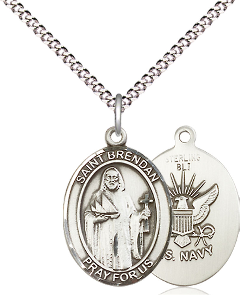 Sterling Silver Saint Brendan Navy Pendant on a 18 inch Light Rhodium Light Curb chain