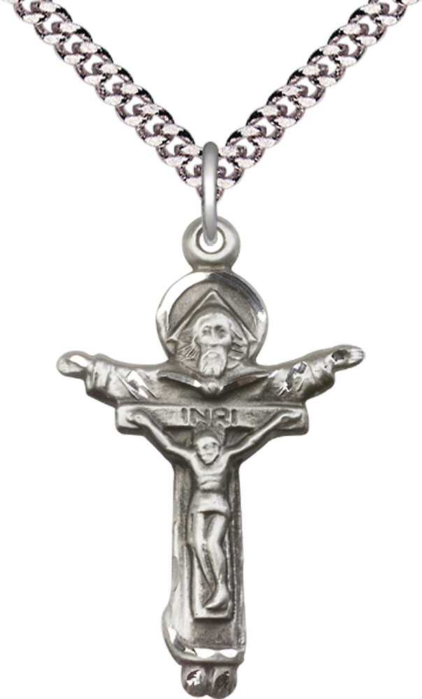 Sterling Silver Trinity Crucifix Pendant on a 24 inch Light Rhodium Heavy Curb chain