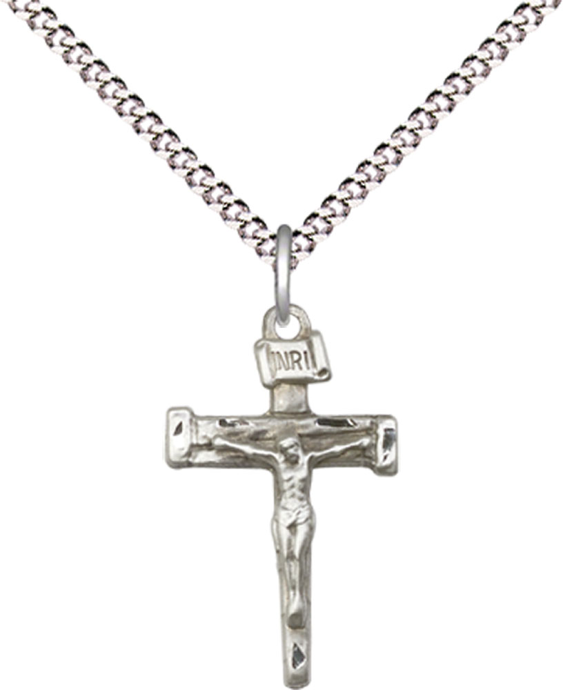 Sterling Silver Nail Crucifix Pendant on a 18 inch Light Rhodium Light Curb chain