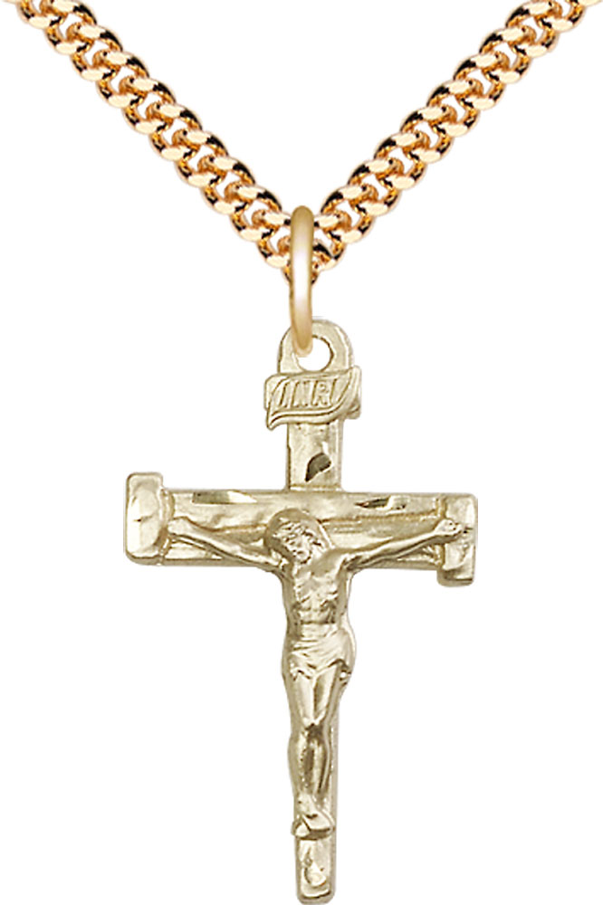 14kt Gold Filled Nail Crucifix Pendant on a 24 inch Gold Plate Heavy Curb chain