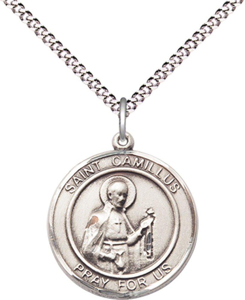 Sterling Silver Saint Camillus of Lellis Pendant on a 18 inch Light Rhodium Light Curb chain