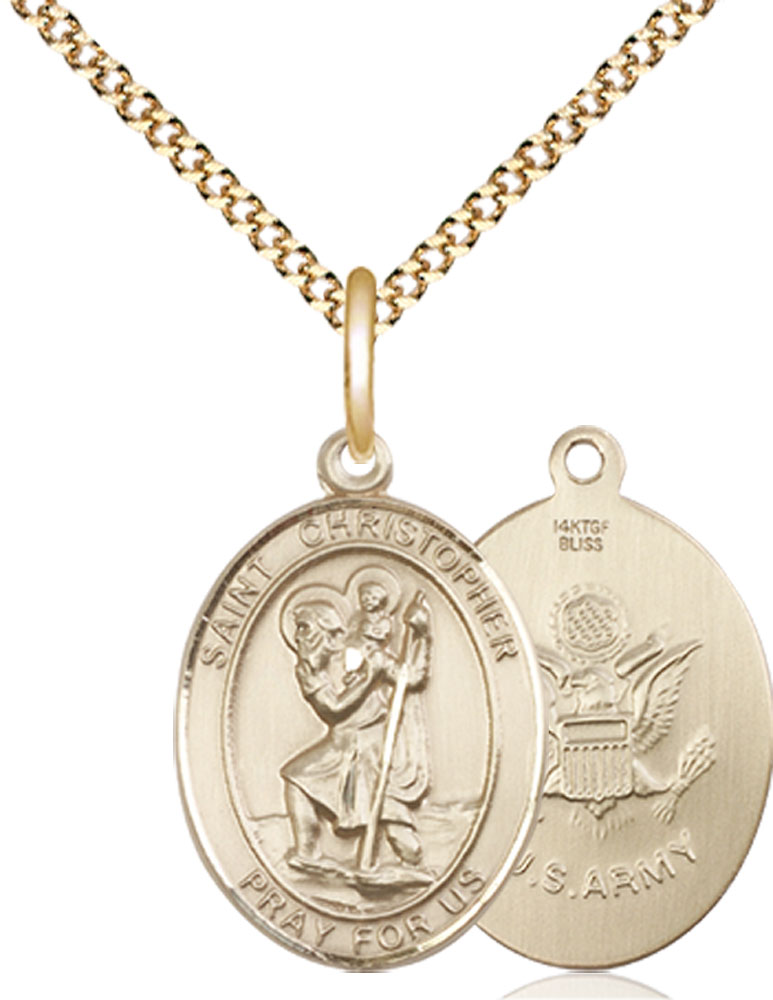 14kt Gold Filled Saint Christopher Army Pendant on a 18 inch Gold Plate Light Curb chain
