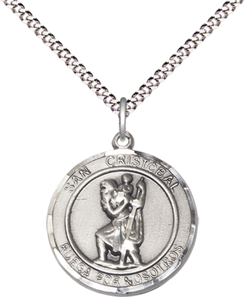 Sterling Silver San Cristobal Pendant on a 18 inch Light Rhodium Light Curb chain