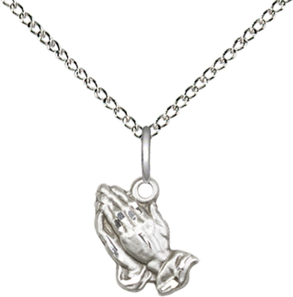Sterling Silver Praying Hands Pendant on a 18 inch Sterling Silver Light Curb chain