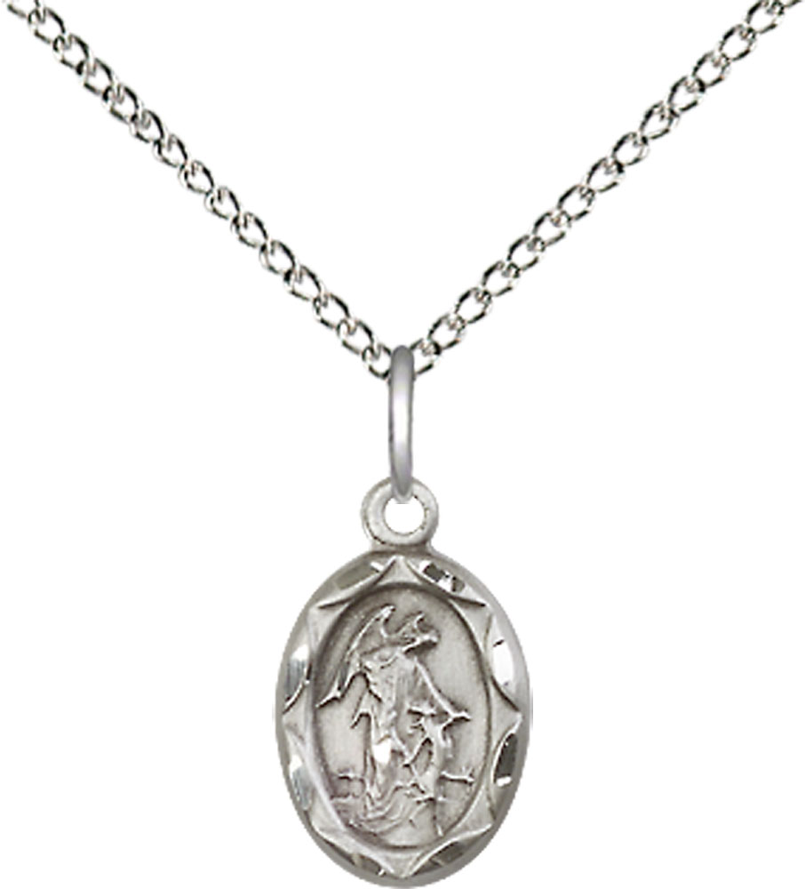 Sterling Silver Guardian Angel Pendant on a 18 inch Sterling Silver Light Curb chain