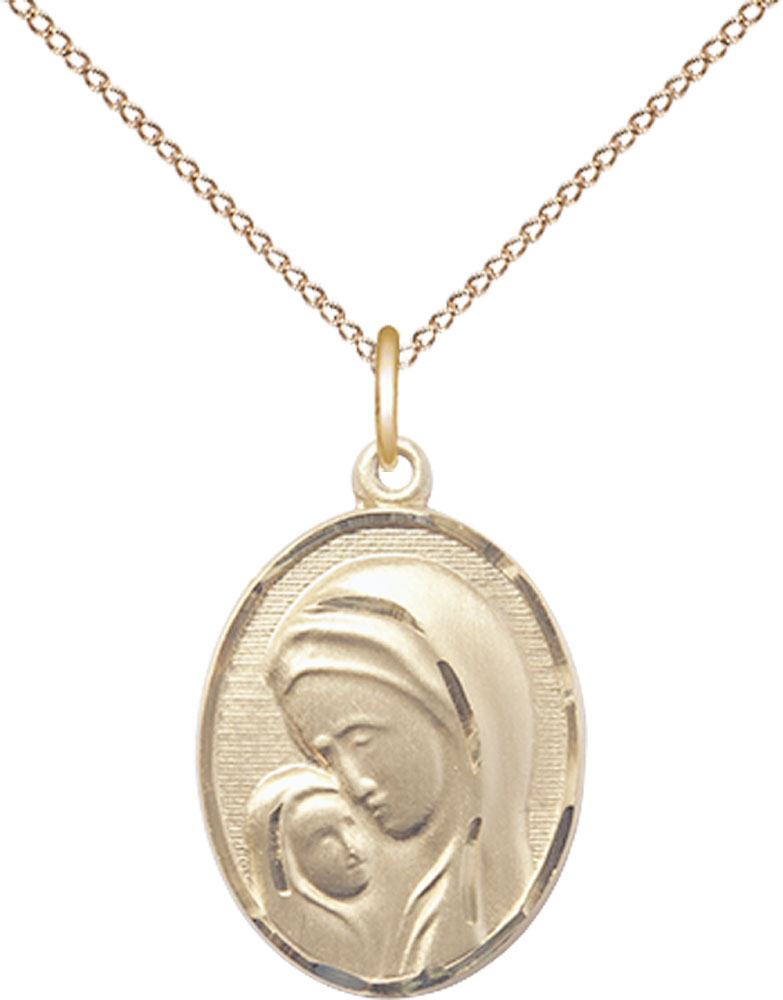 14kt Gold Filled Madonna &amp; Child Pendant on a 18 inch Gold Filled Light Curb chain