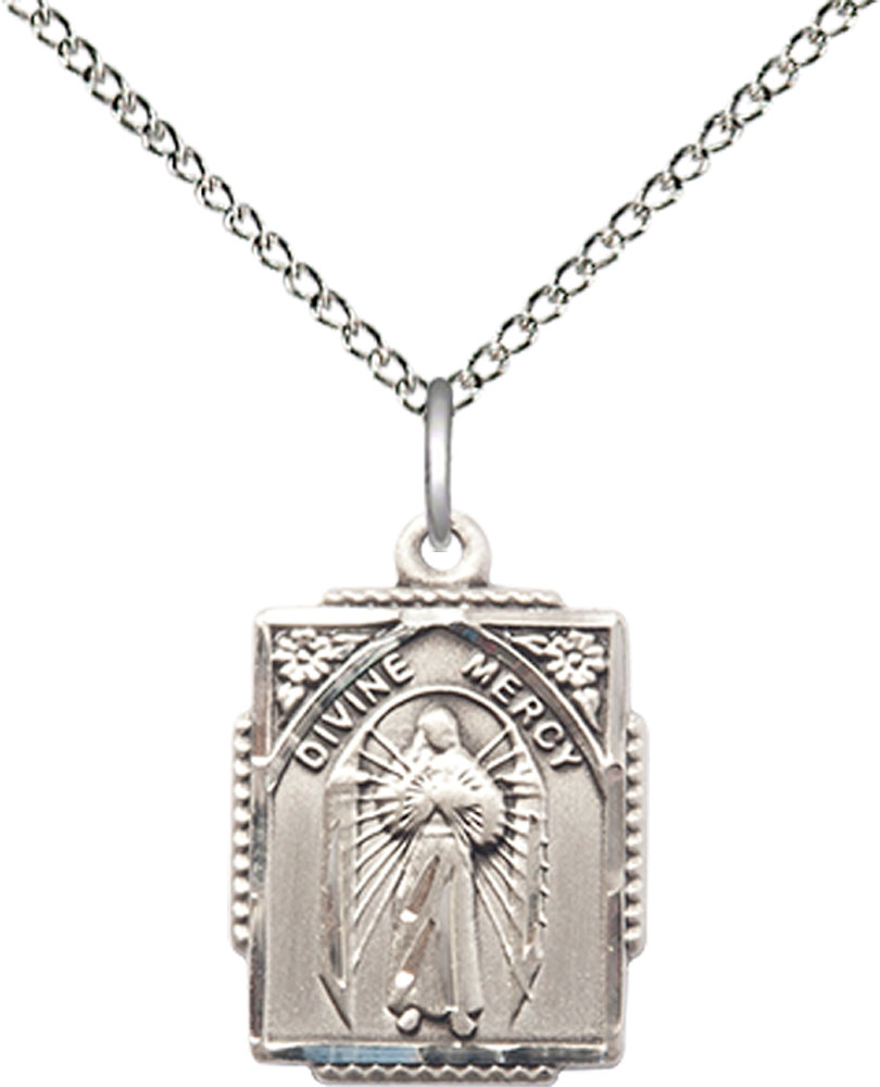 Sterling Silver Divine Mercy Pendant on a 18 inch Sterling Silver Light Curb chain